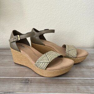 Clarks Collection Rose Ease Olive Leather Espadrille Wedge Sandals Size 8.5
